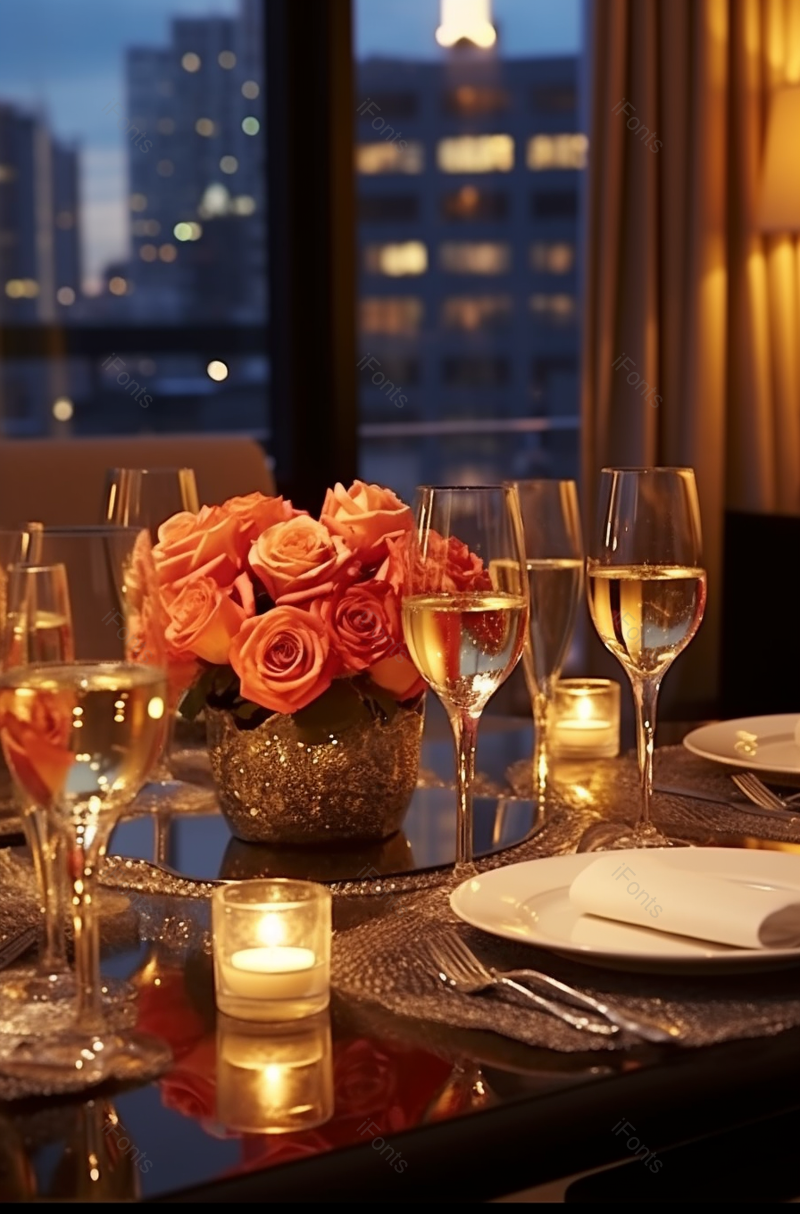 餐桌上摆放鲜花和香槟,高清,摄影图,摄影图片,图片大全,摄影图免费下载